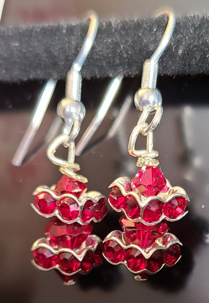 Earrings - Red sparkle square Swarovski rondels on silver