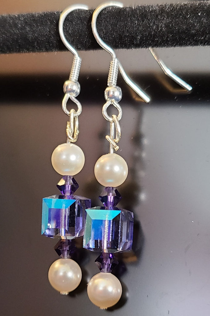 Earrings - Pale purple and pearl-white crystals by Swarovski on silver