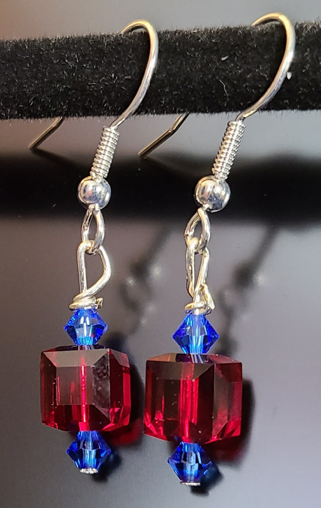 Earrings - Red and blue Swarovski on silver findings