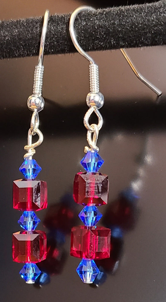 Earrings - Red and blue Swarovski with silver plated french hooks