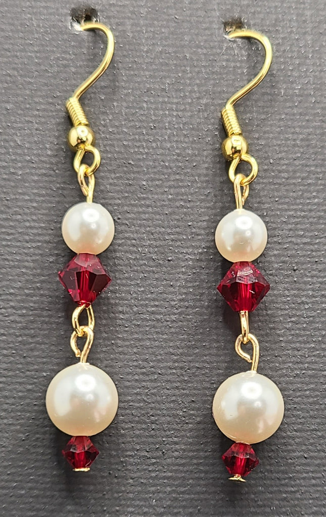 Earrings - red and pearl Swarovski crystals with gold