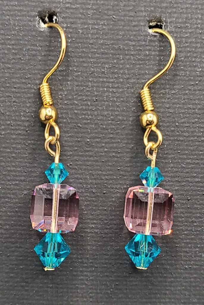 Earrings - Pale pink and blue zircon Swarovski crystals with gold