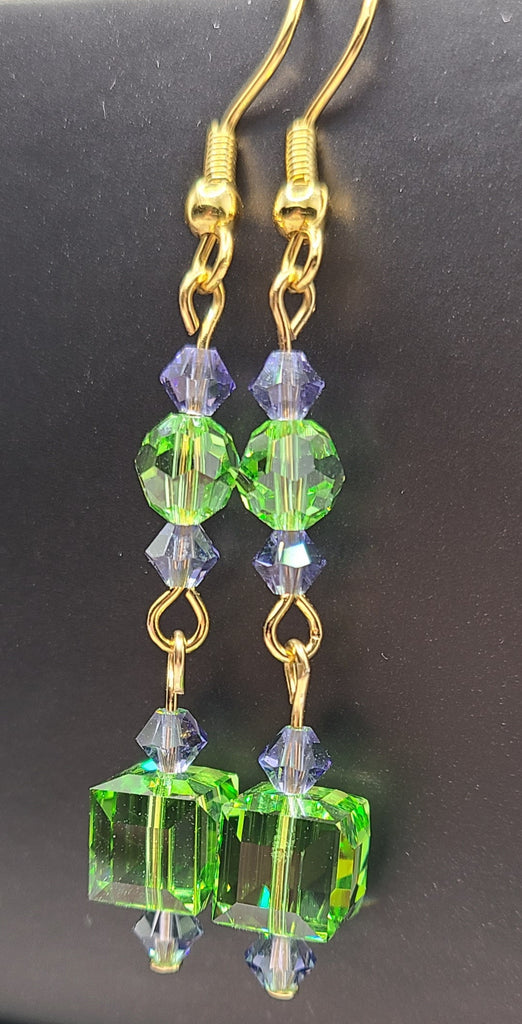 Earrings - Peridot green and blue accent Swarovski crystals with gold findings