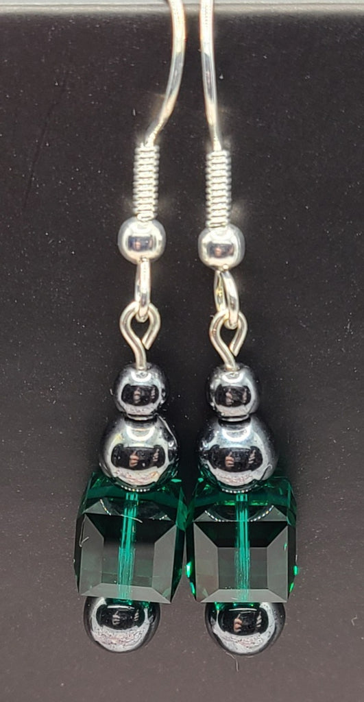Earrings - Emerald Swarovski and silvered glass earrings on silver