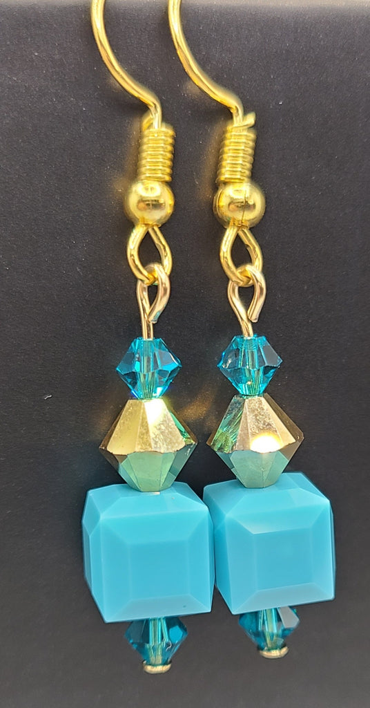 Earrings - Shades of blue and shiny gold coated Swarovski crystals on gold findings