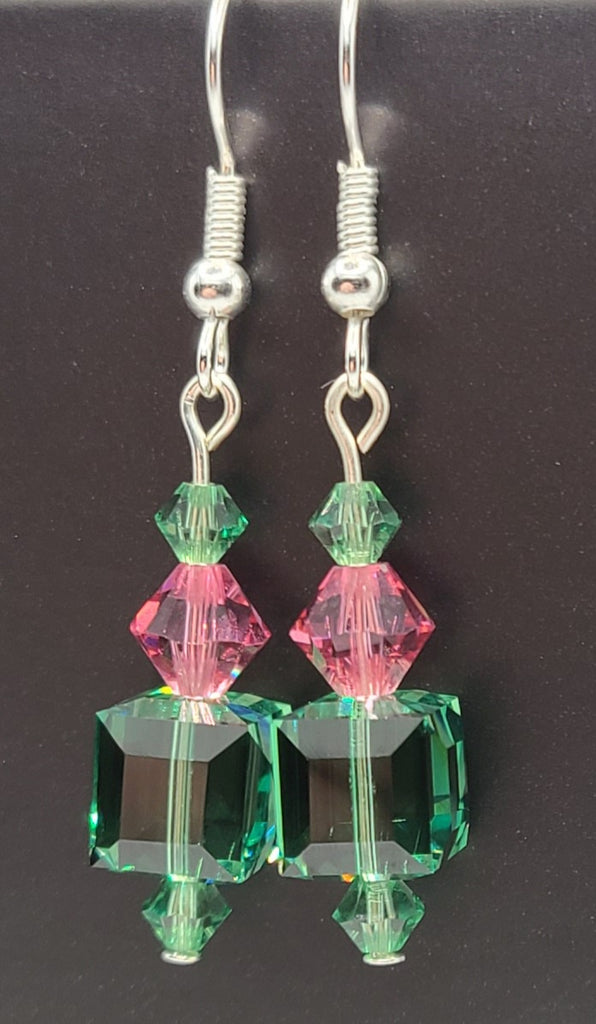 Earrings - Ernite green and rose pink Swarovski crystals with silver