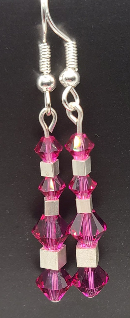 Earrings - Fuschia Swarovski with square sterling silver beads on silver findings
