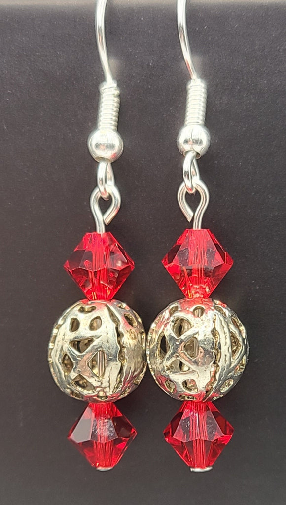 Earrings - Red Swarovski crystals with bali silver balls