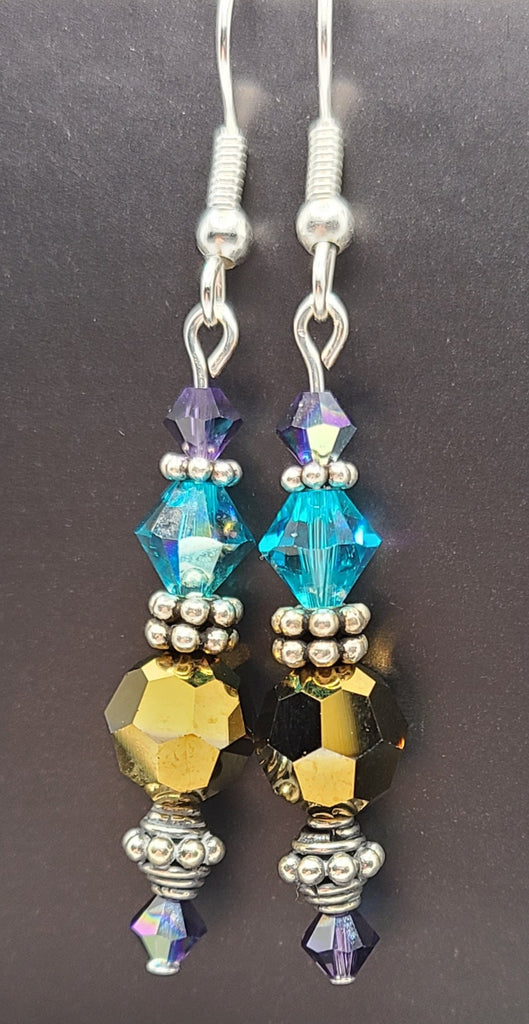 Earrings - Blue, Bronze, and purple Swarovski crystals with bali silver